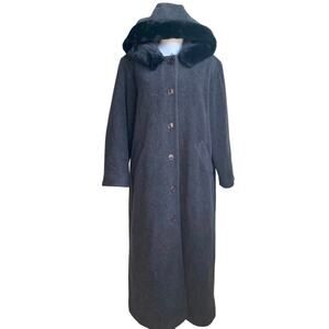 VTG L.L. BEAN Long Hooded Wool Blend Coat Size M Petite Fur Trim Button Down